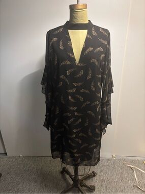 Sam Edelman Black Chiffon Dress with Gold Feather Print